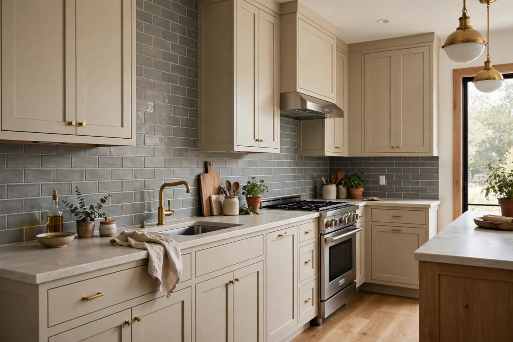 Kitchen with beige cabinets and a grey subway tile backsplash.