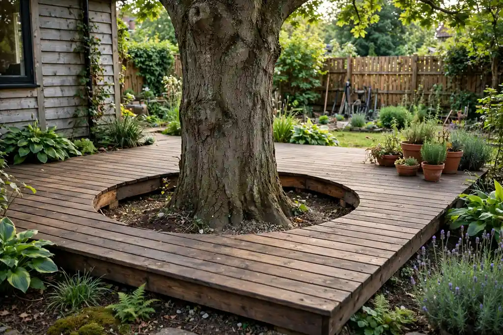 Ground level deck built around a mature tree trunk with a wide opening.