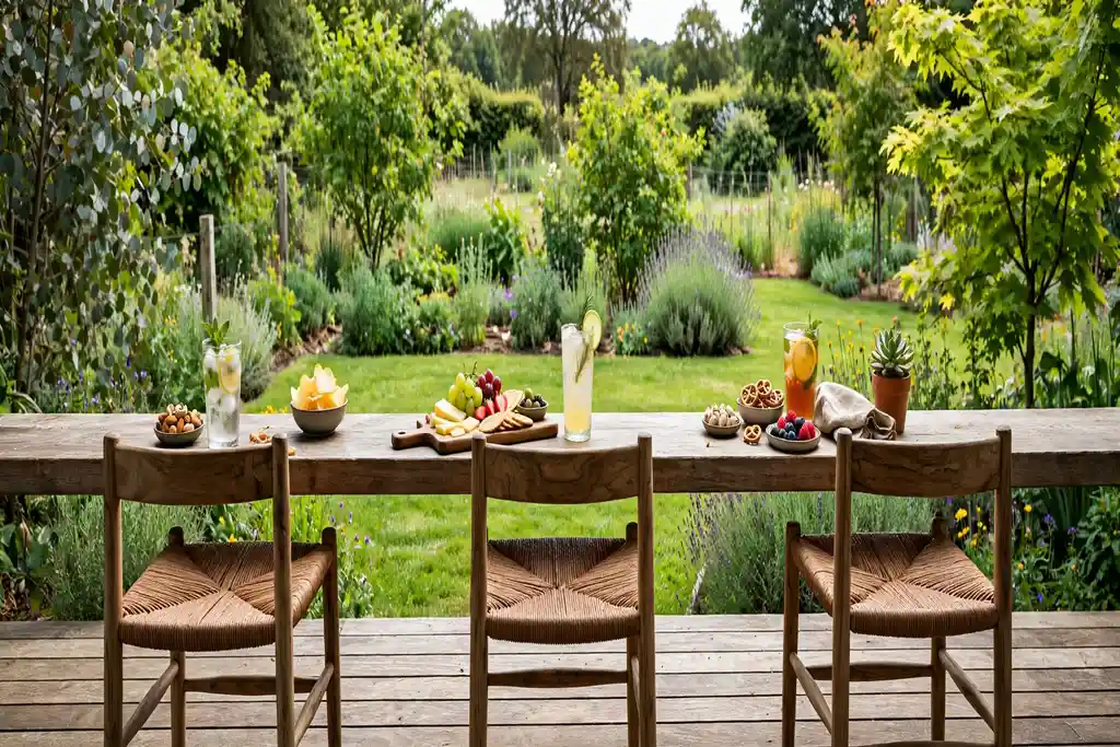 Wide bar ledge along the edge of a ground level deck holding drinks and snacks.