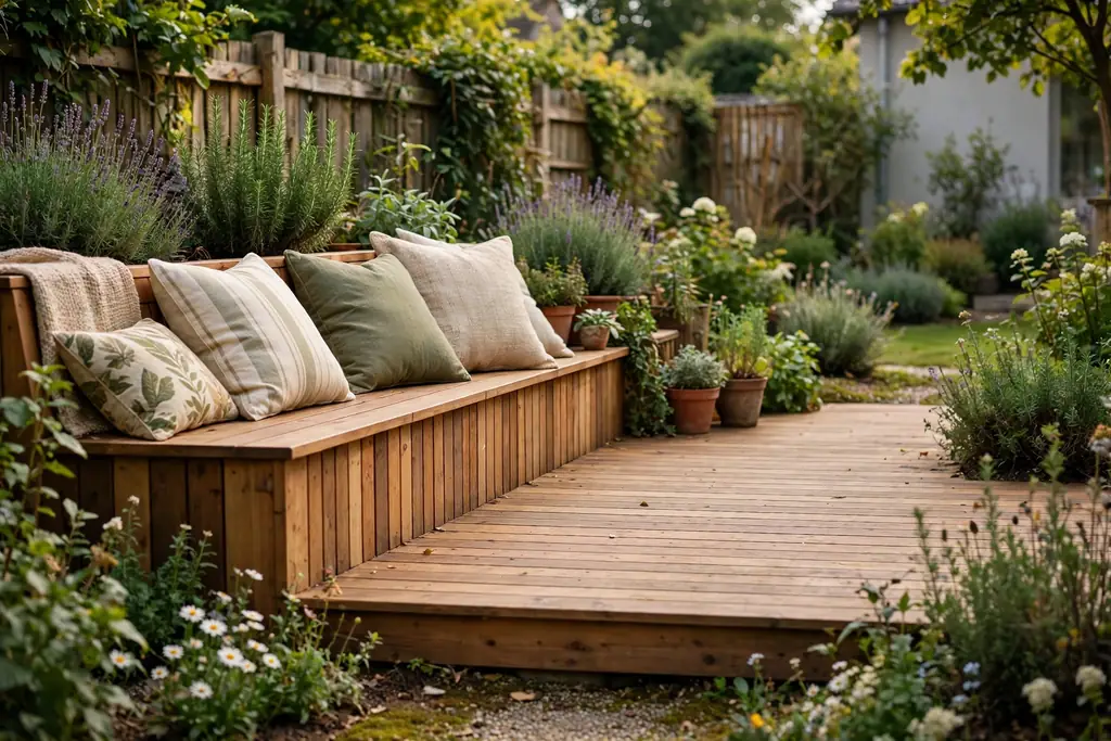 Built-in wooden bench running along one edge of a ground level deck.