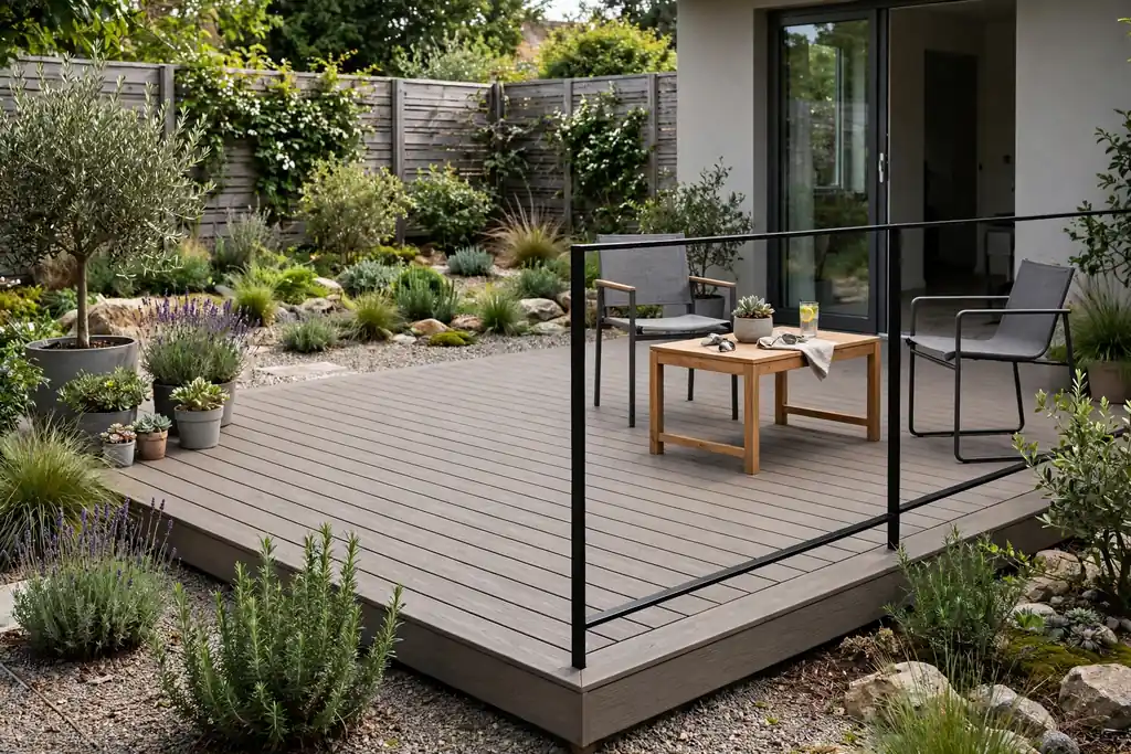 Low upkeep composite deck in warm grey with simple outdoor furniture.