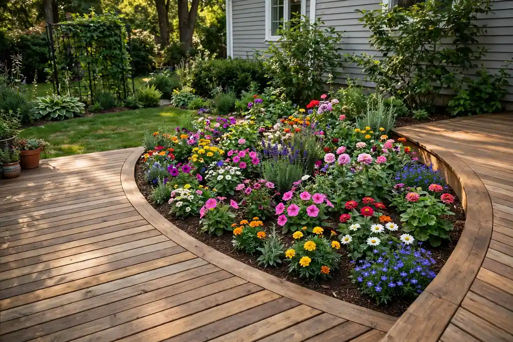 Ground level deck with a curved edge following a flower bed.