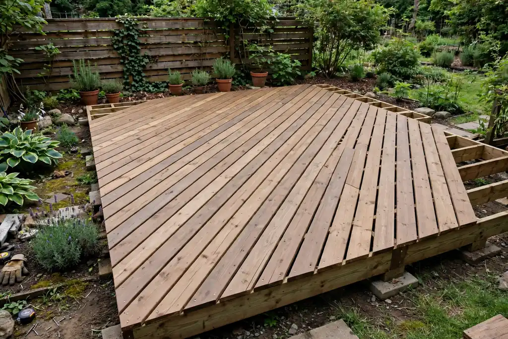 Deck boards laid diagonally across a ground level deck frame.