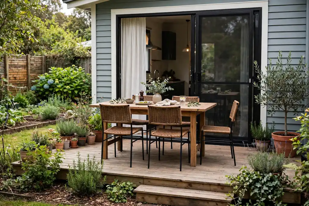Dining table and chairs on a deck right outside a back door.