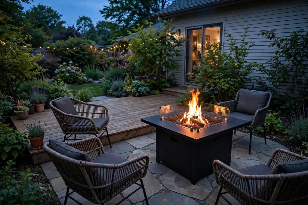 Fire table on a stone pad at one end of a ground level deck at dusk.