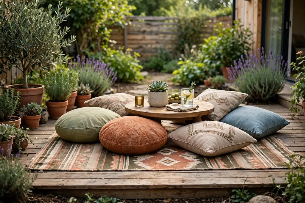 Outdoor rug with floor cushions and a low table on a ground level deck.
