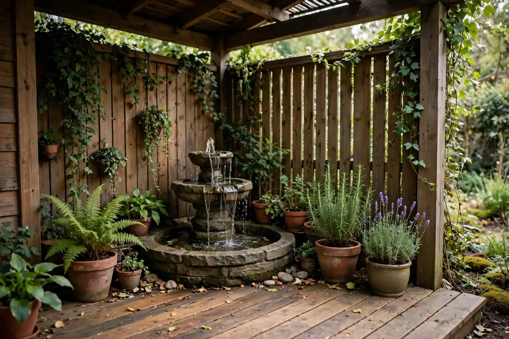 Small fountain in a sheltered corner of a ground level deck with plants nearby.