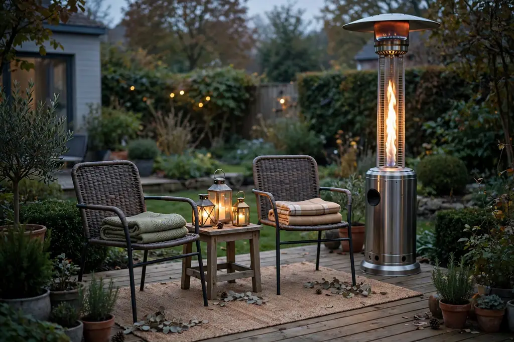 Ground level deck set for cool weather with a patio heater, lanterns, and throws.