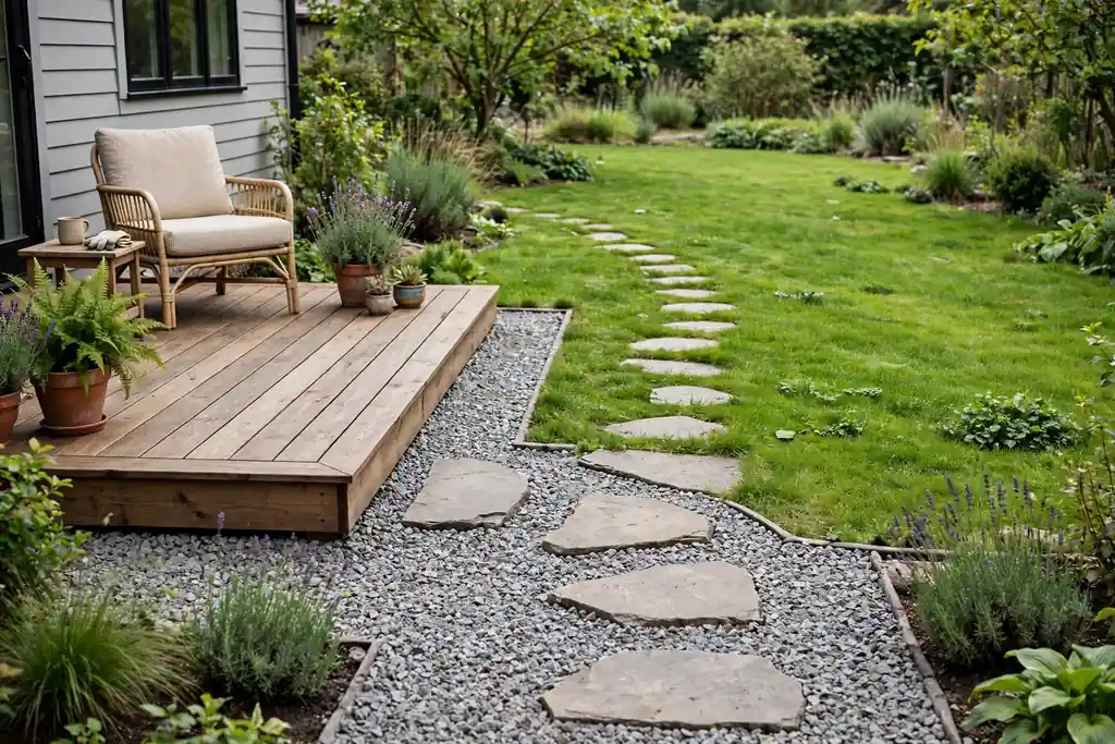 Gravel border and stepping stones leading from a ground level deck into a lawn.