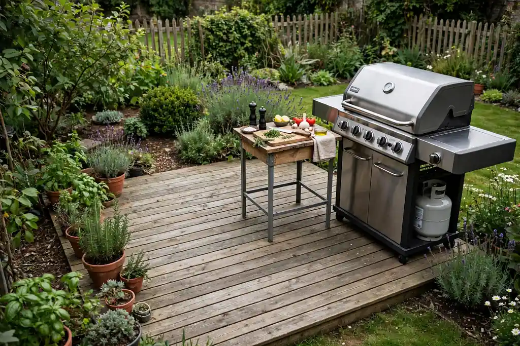 Grill and small prep table at one end of a ground level deck.