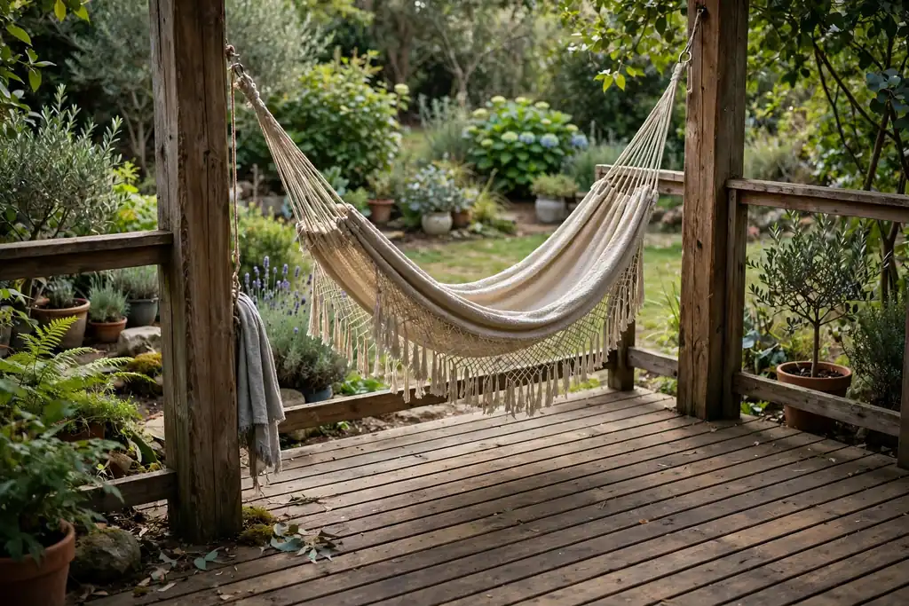 Hammock hung between two sturdy posts at a quiet corner of a ground level deck.