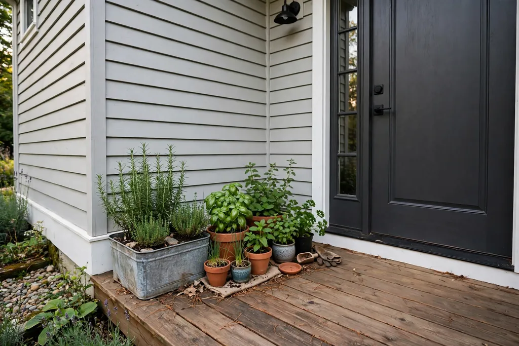 Container and herb pots grouped in a corner of a ground level deck.