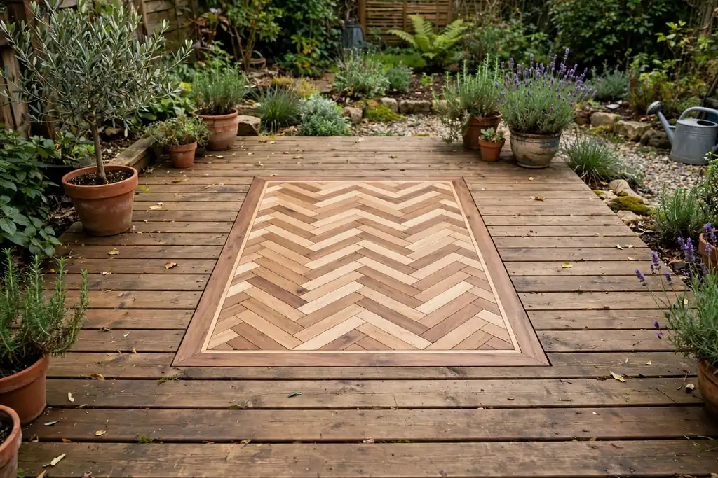 Patterned herringbone inlay panel set into the middle of a ground level deck.