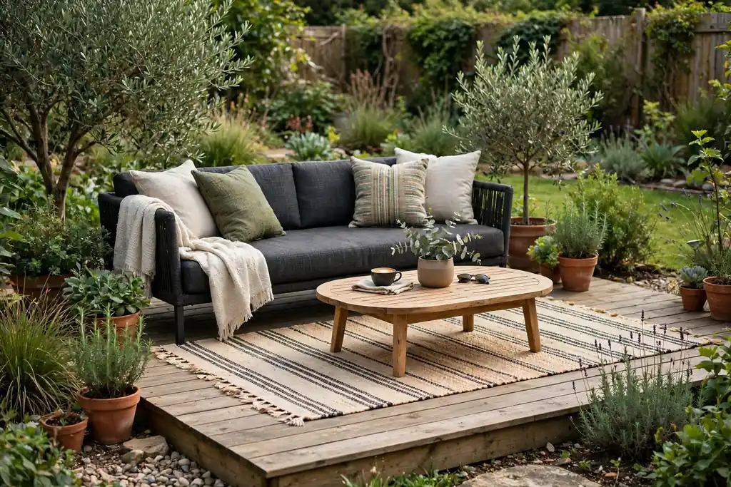 Low outdoor sofa and coffee table on an outdoor rug on a ground level deck.