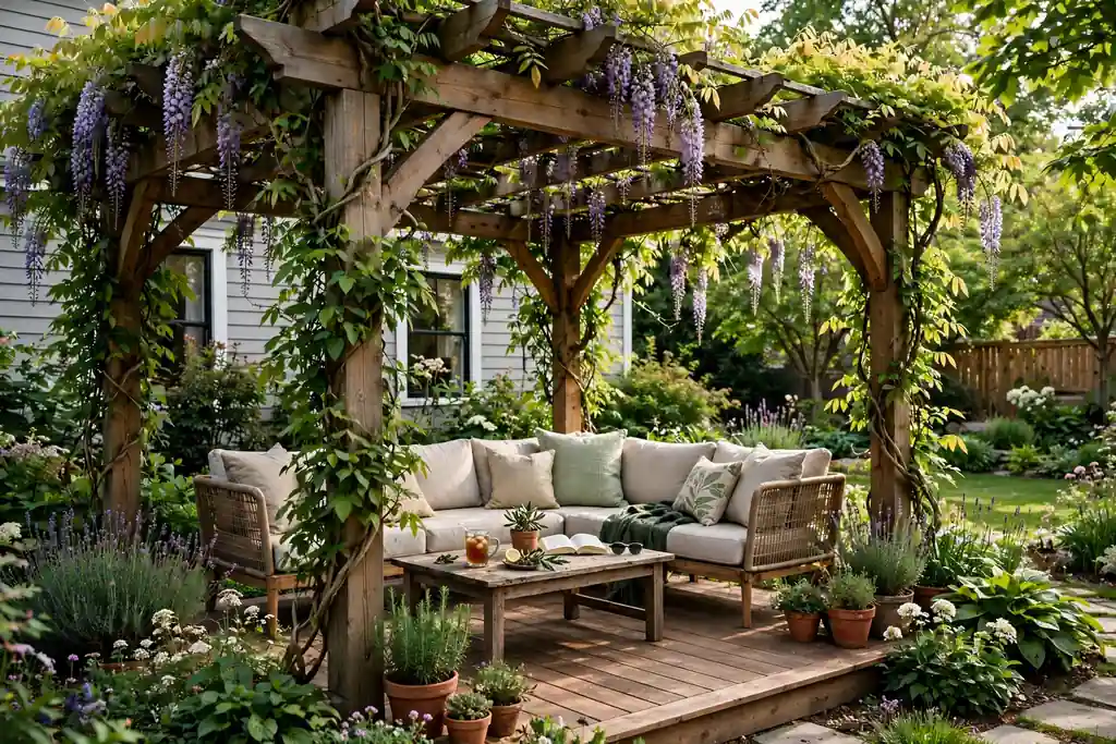 Pergola with climbing plants over the seating area of a ground level deck.