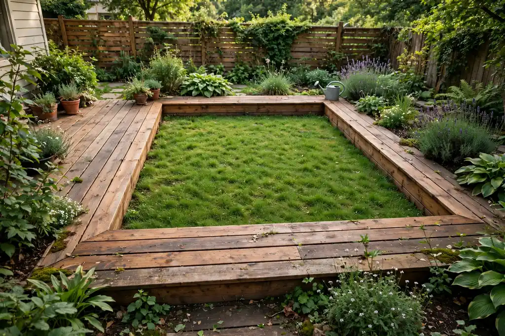 Deck with a picture frame border of boards running around the main field.