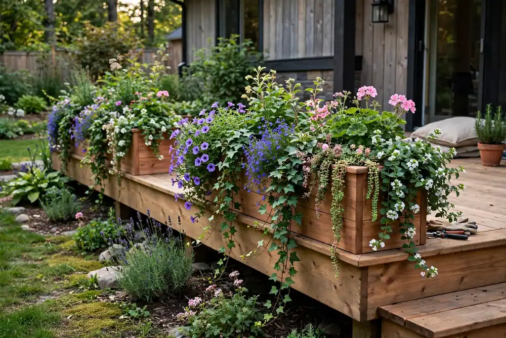 Planter boxes built into the edge of a ground level deck with trailing plants.