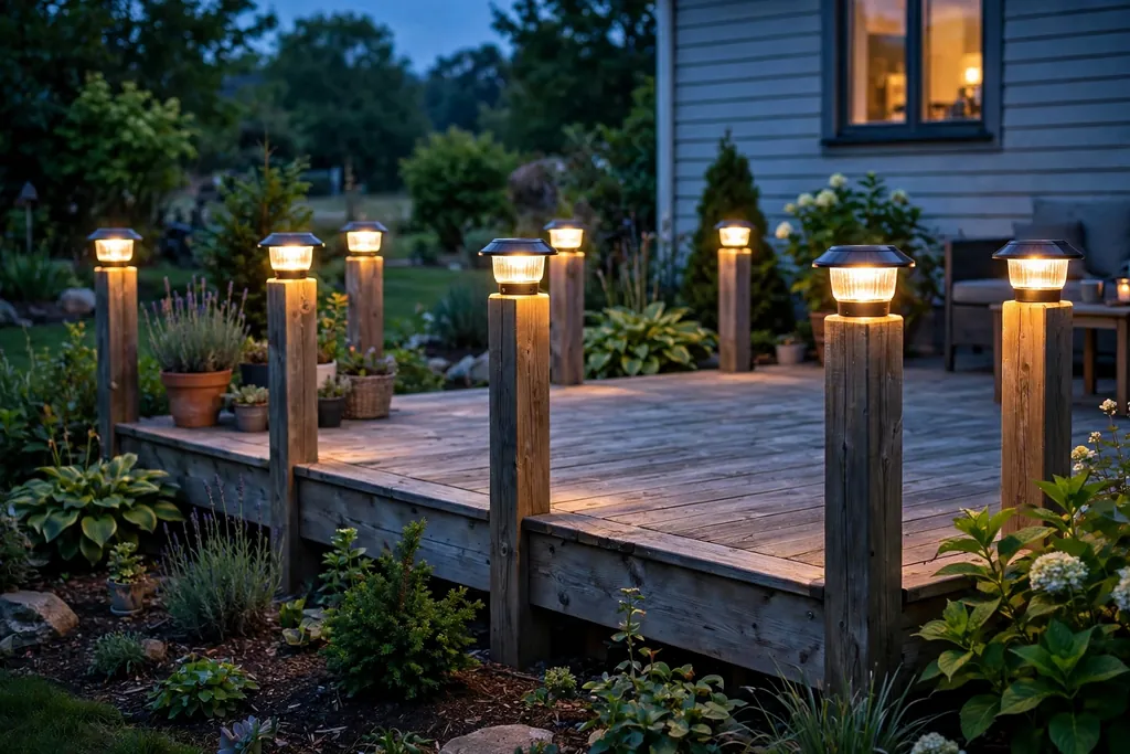 Solar post cap lights glowing along the edge posts of a ground level deck.