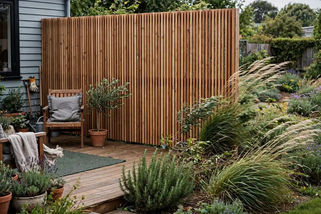 Slatted privacy screen along the windy side of a ground level deck.