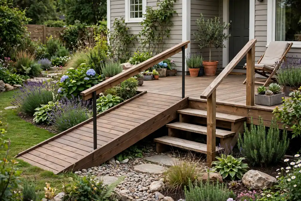 Gentle step free ramp leading up to a ground level deck beside steps.