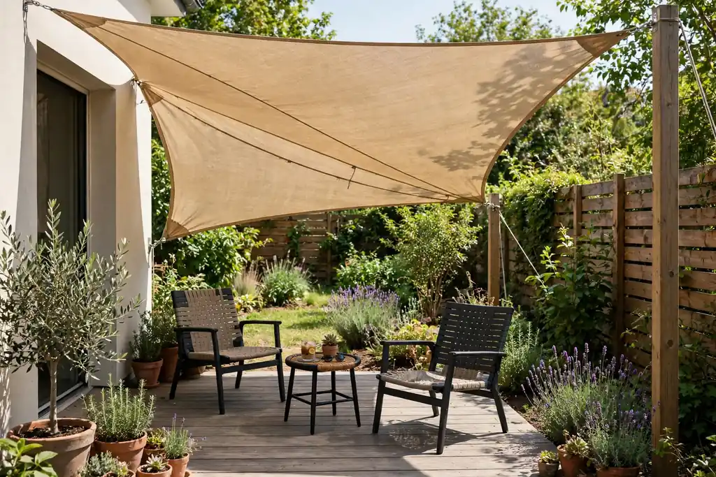 Shade sail stretched over the sunny corner of a ground level deck.