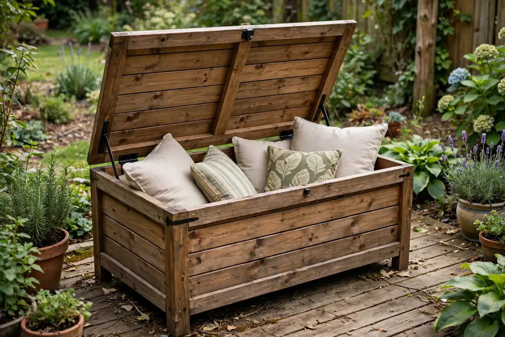 Storage bench box on a ground level deck with its lid open showing cushions.