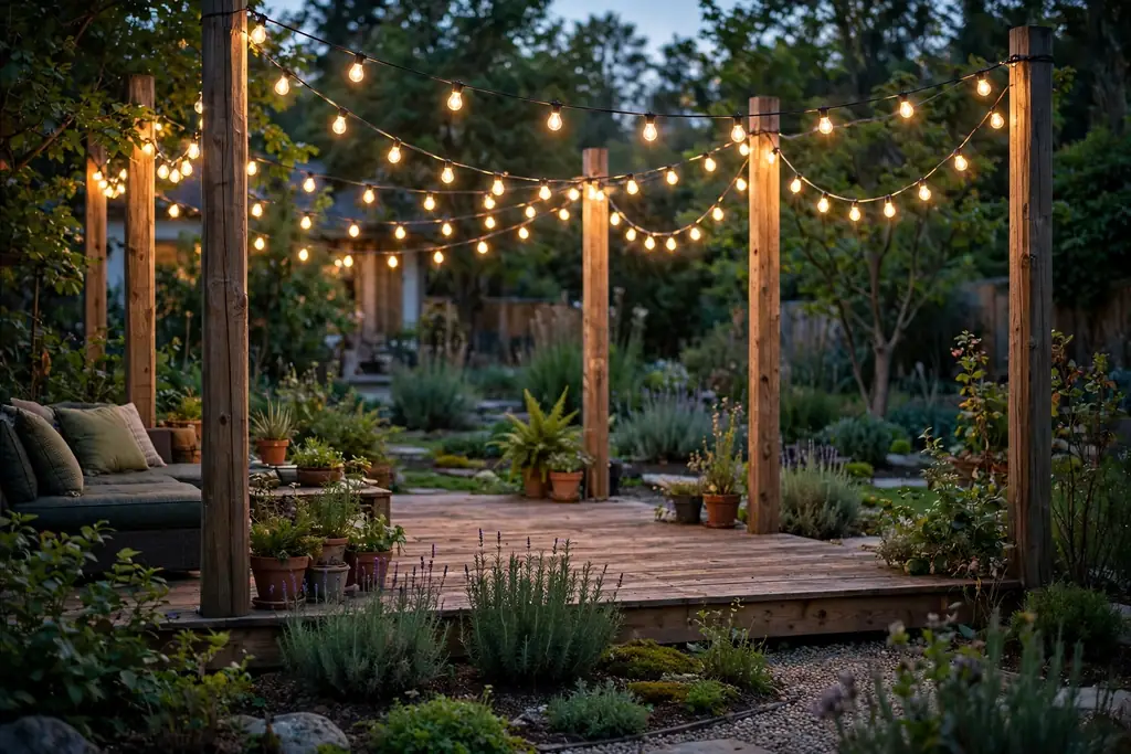 String lights draped along posts over a ground level deck at dusk.