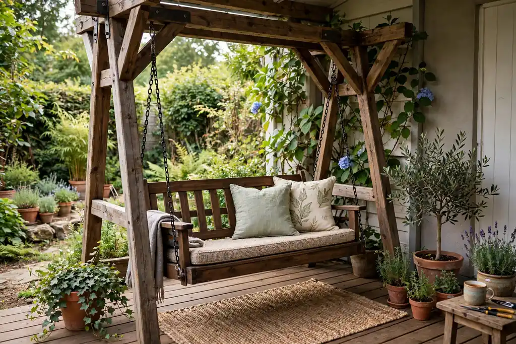 Swing bench hanging from a sturdy frame in a sheltered corner of a deck.