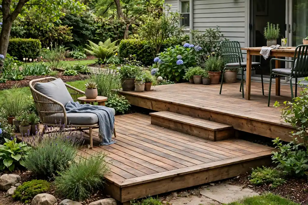 Ground level deck split into two low levels joined by one shallow step.