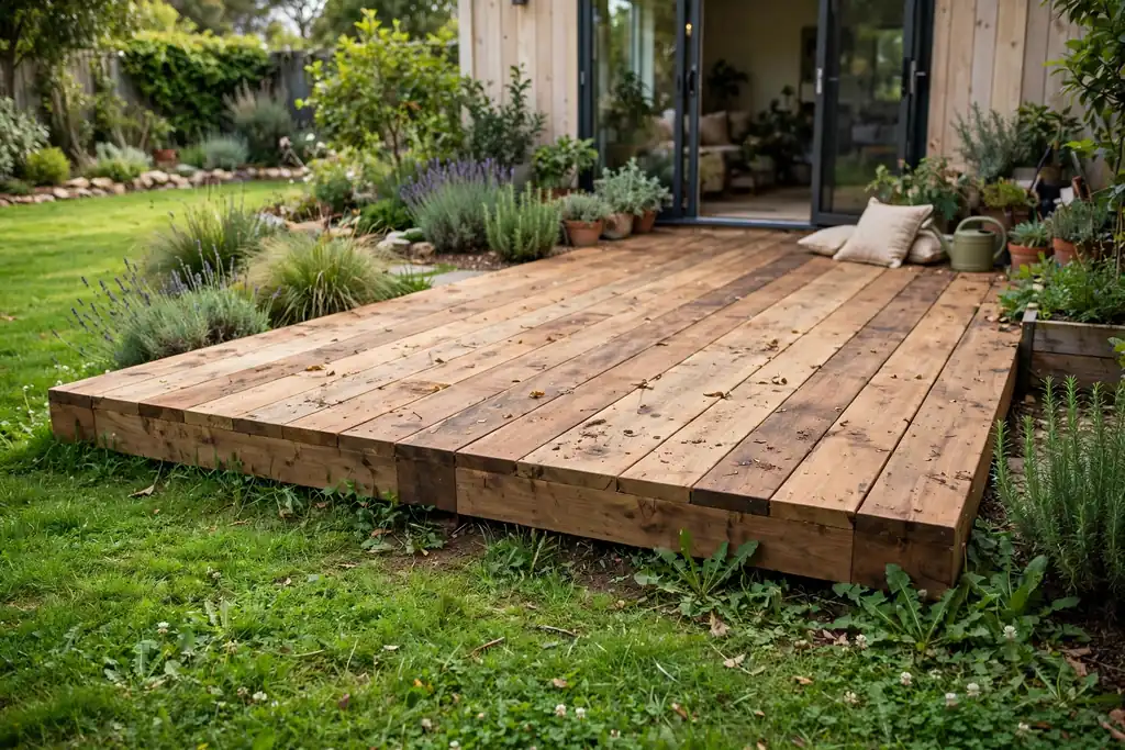 Wide plank timber deck sitting almost level with a green lawn.
