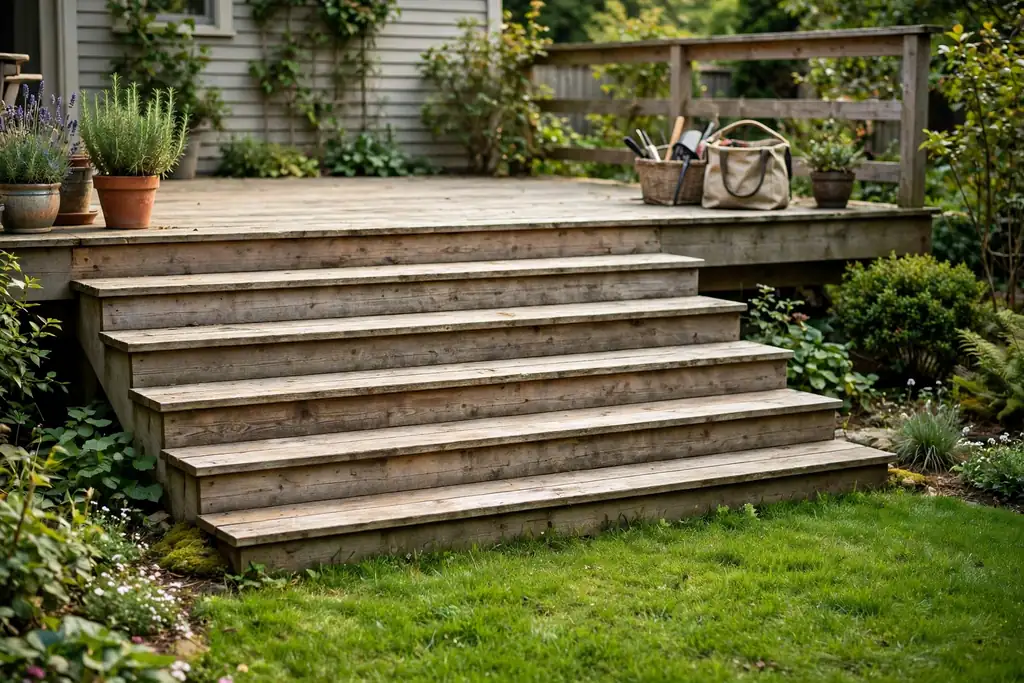 Wide shallow steps leading from a ground level deck down to a lawn.