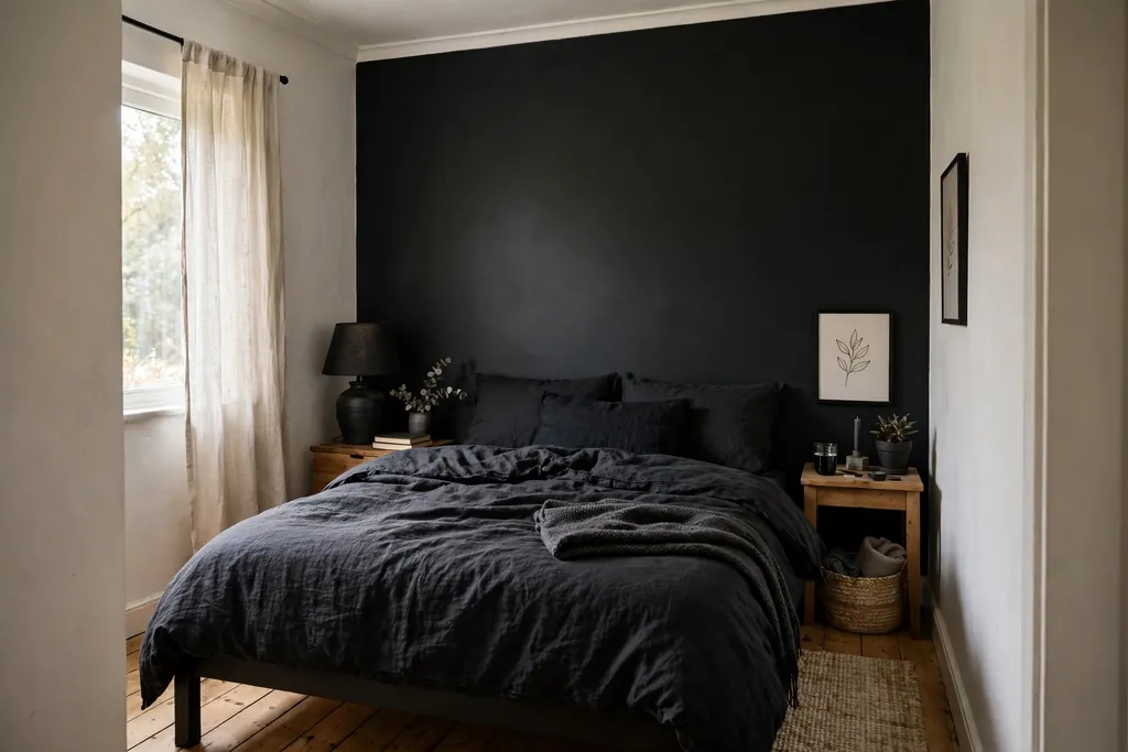 Small bedroom with a matte black accent wall behind a bed with dark bedding.