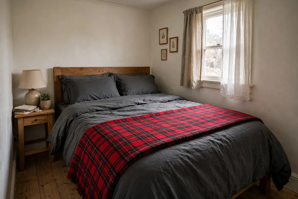 Bed with charcoal sheets and a red plaid throw folded across the foot.