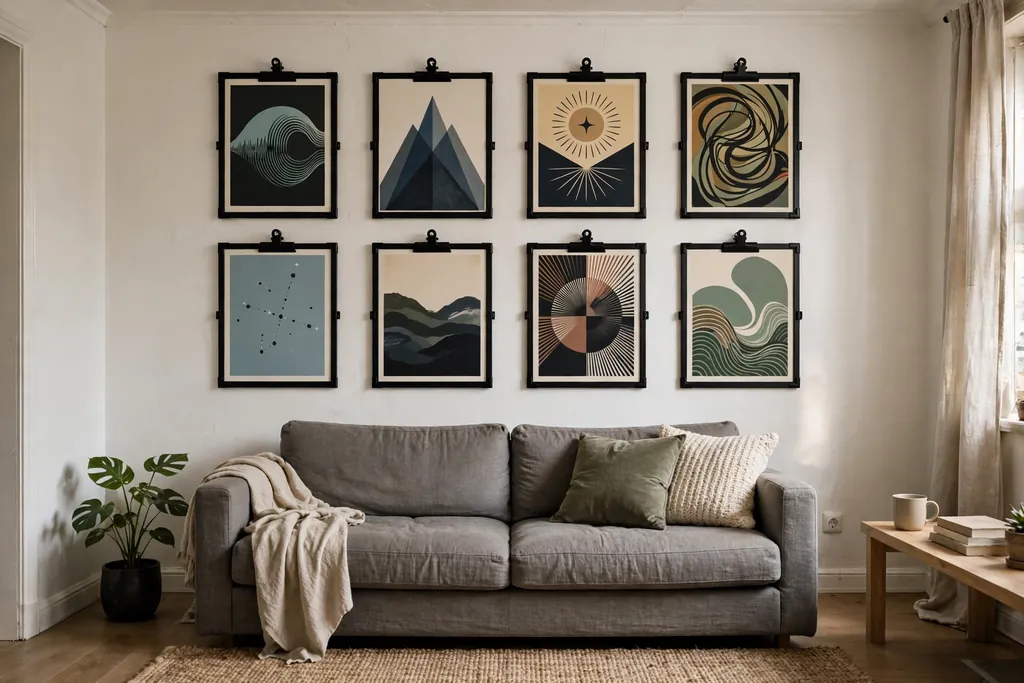 Band posters in black clip frames arranged as a gallery wall above a sofa.