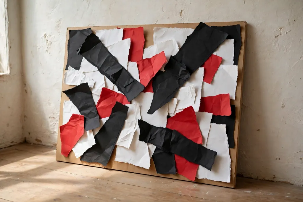 Cut-and-paste collage board with torn black, white, and red pages leaning against a wall.