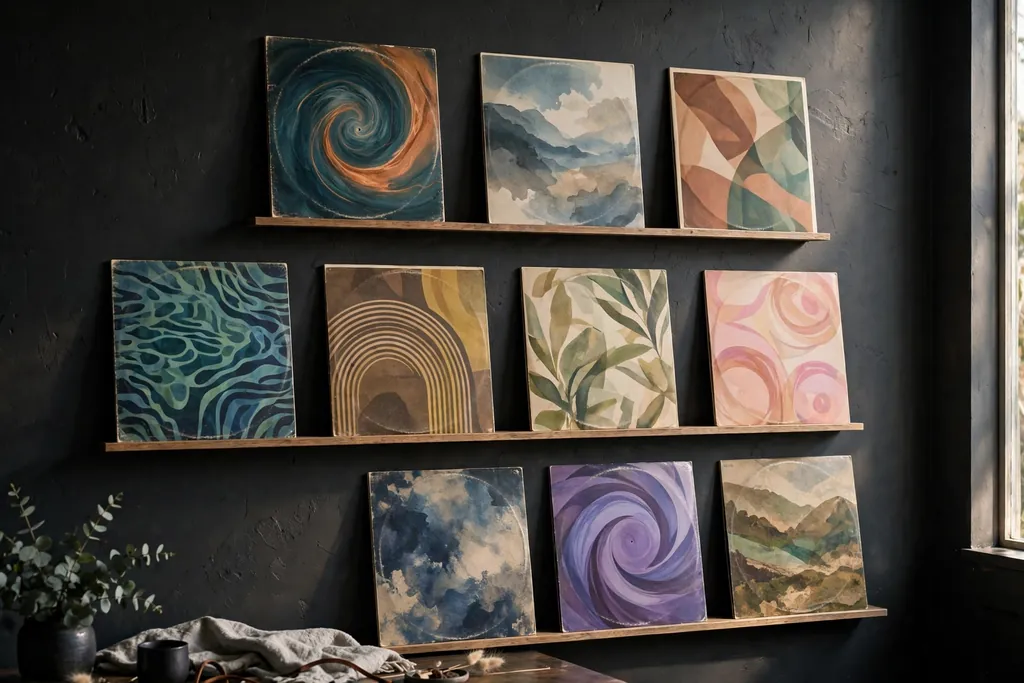 Vinyl record sleeves displayed upright on slim picture ledges on a dark wall.