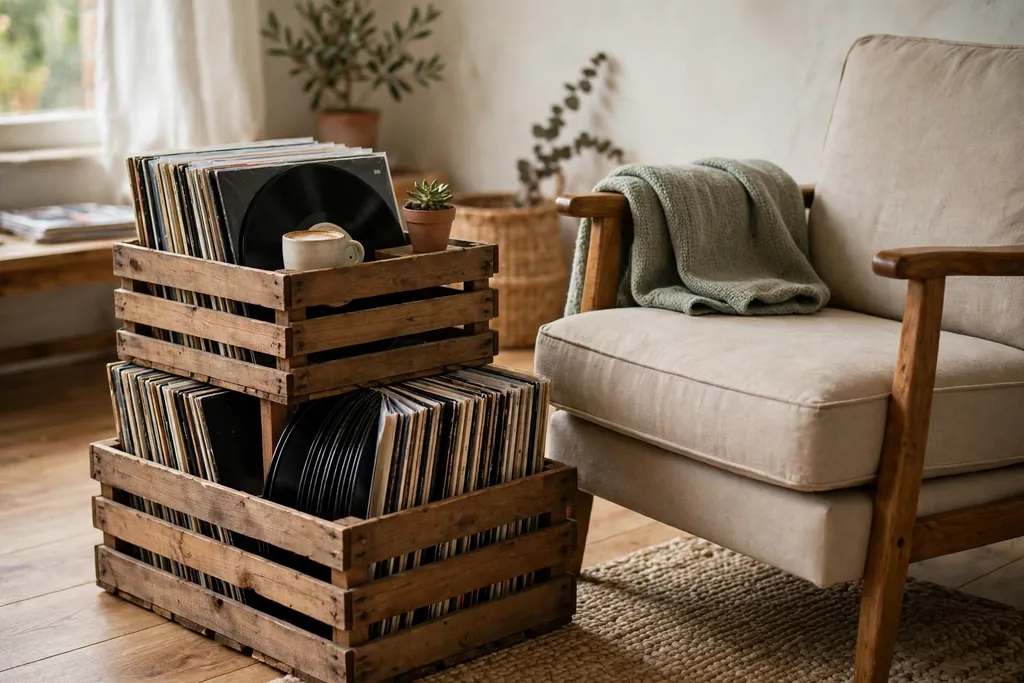 Wooden crates holding vinyl records upright beside a chair, used as a side table.