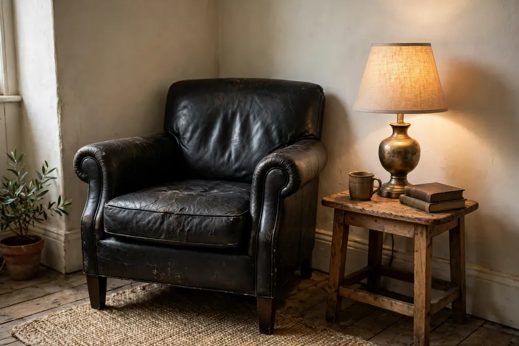 Worn black leather chair in a corner with a small side table and a lamp.