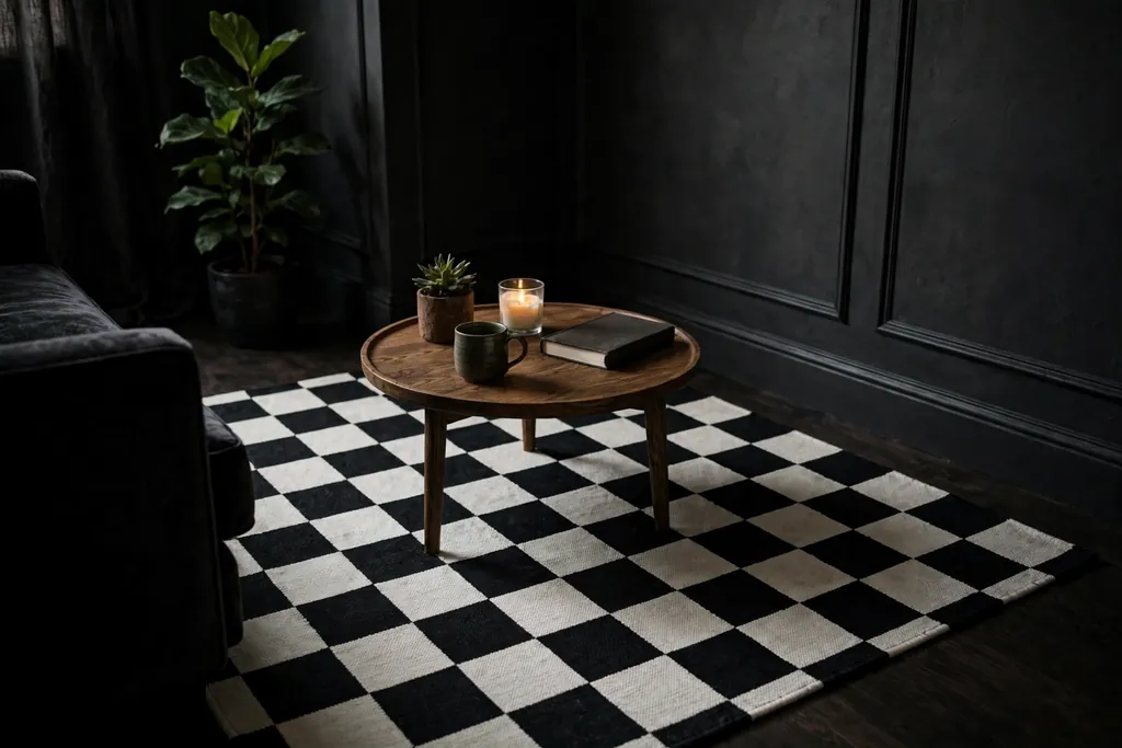 Black and white checkerboard rug under a small coffee table in a dark living corner.