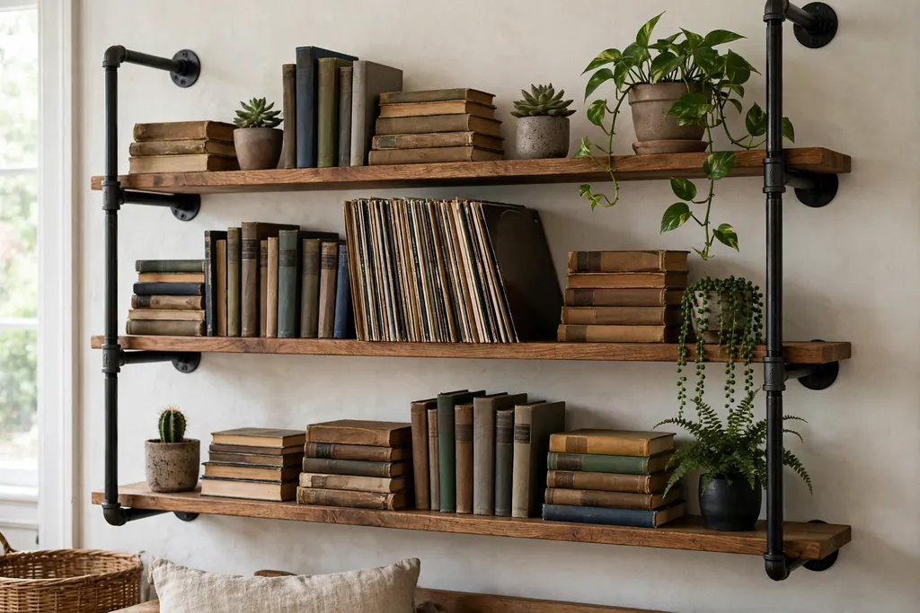 Black metal pipe shelves with wood boards holding books, records, and plants.