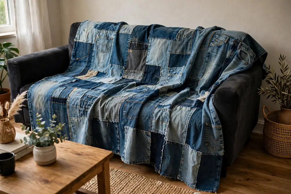 Patched denim throw made from old jeans draped over a dark sofa.