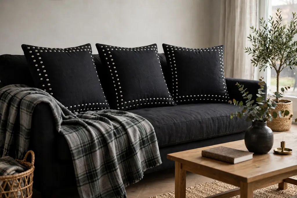 Black cushion covers with silver studs on a dark sofa with a plaid throw.