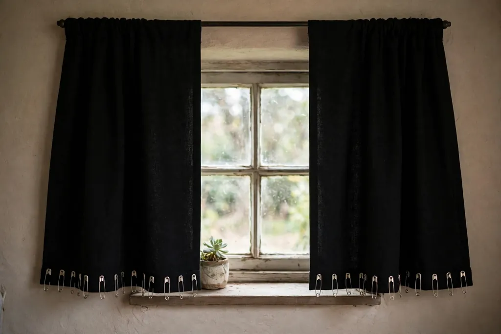 Black curtains trimmed with silver safety pins along the hem at a small window.