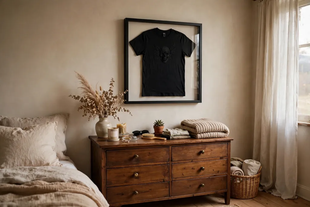 Band tee framed in a black shadow box above a dresser.