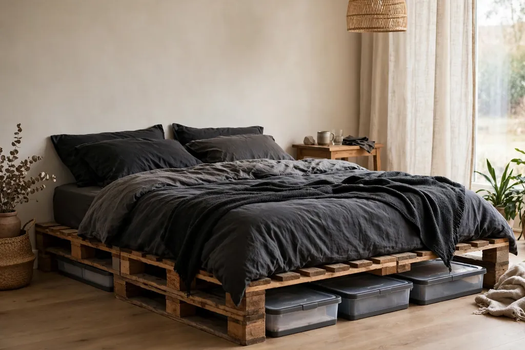 Low pallet platform bed with dark bedding and flat storage boxes underneath.