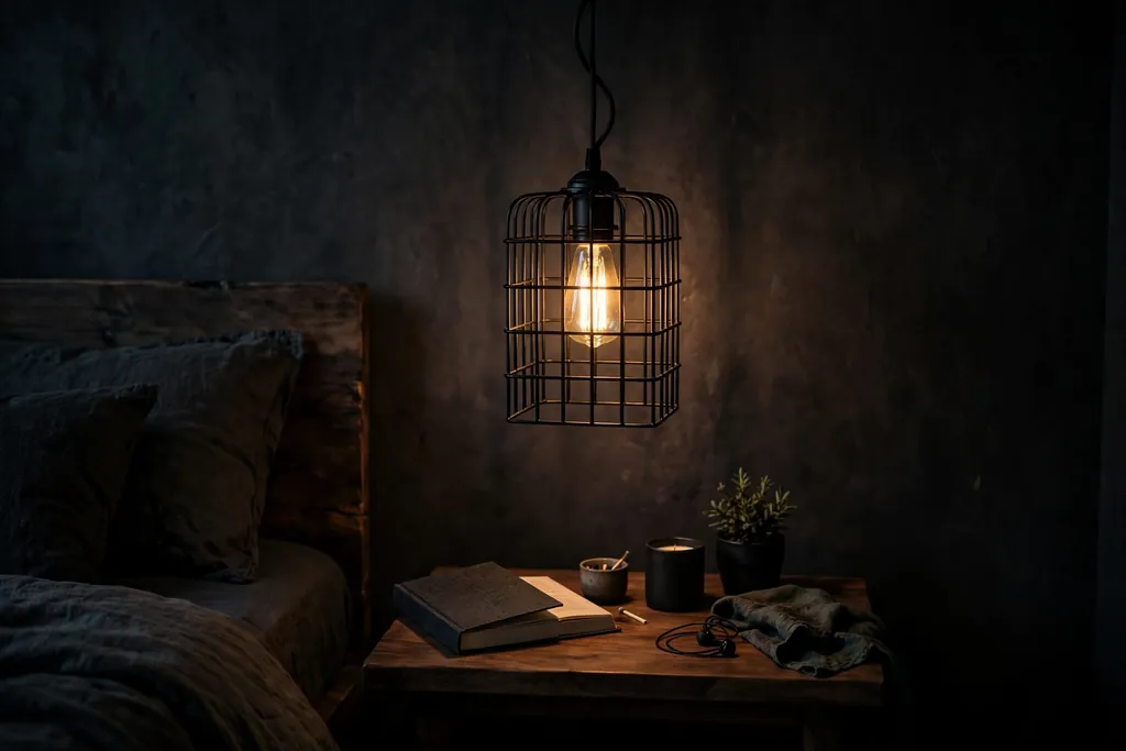 Black metal cage pendant light hanging over a bedside table in a dark bedroom.