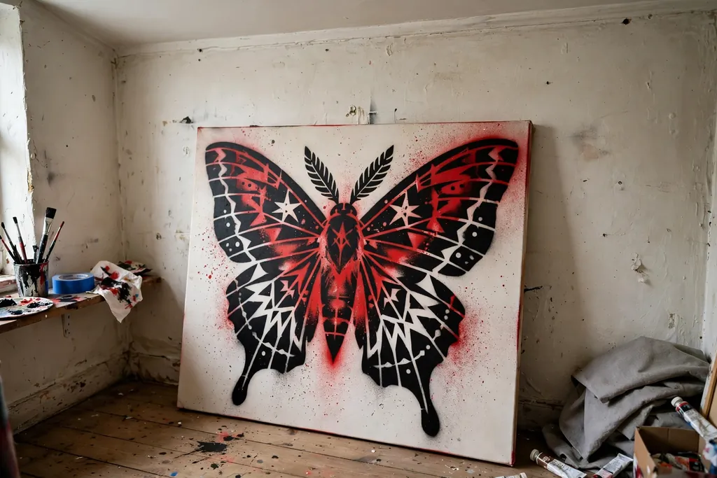 Black and red stencil art on a canvas leaning against a wall.