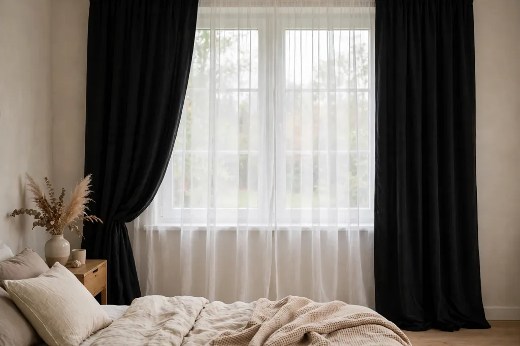 Black blackout curtains layered over a sheer panel at a bedroom window.