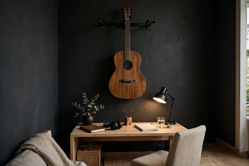 Guitar mounted on a dark wall above a small desk in a bedroom corner.