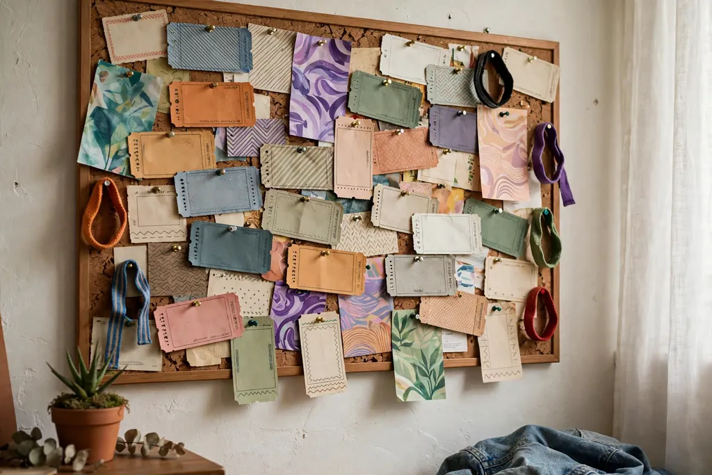 Cork board covered with gig tickets, flyers, and wristbands on a bedroom wall.
